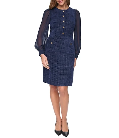 Eliza J Boucle/Chiffon Tweed Jewel Neck Long Sleeve Sheath Dress