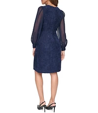 Eliza J Boucle/Chiffon Tweed Jewel Neck Long Sleeve Sheath Dress