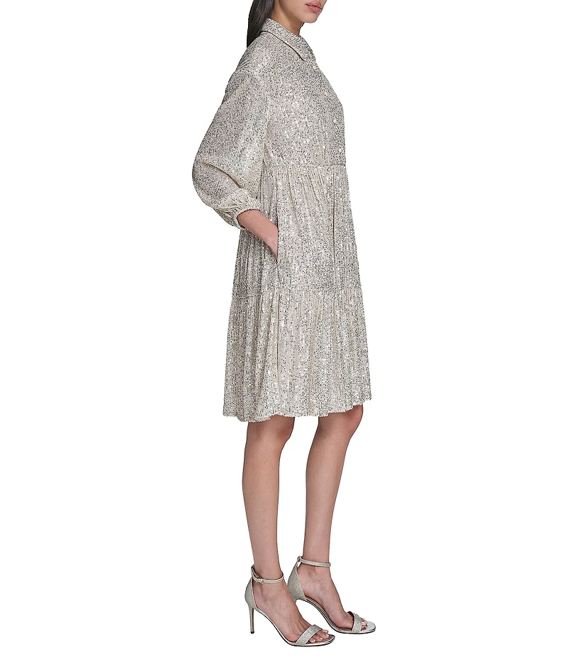 Eliza J Button Front 3/4 Sleeve Tiered Sequin Shirt Dress