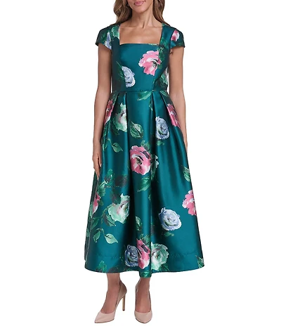 Eliza J Cap Sleeve Square Neck Midi Floral Print Dress