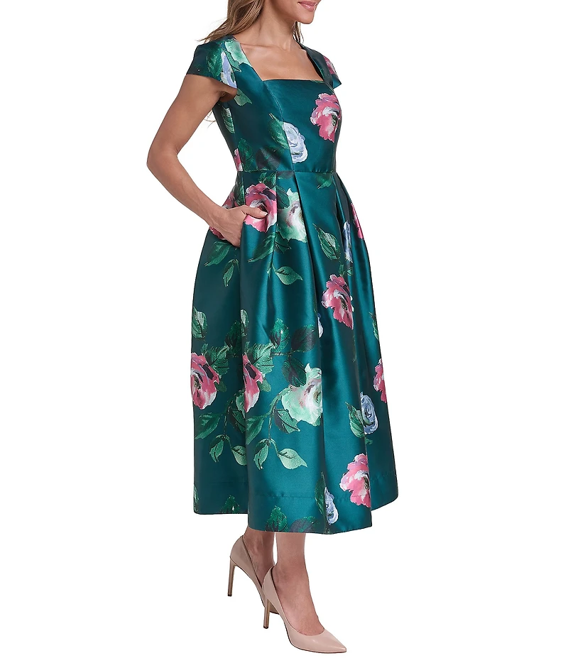 Eliza J Cap Sleeve Square Neck Midi Floral Print Dress
