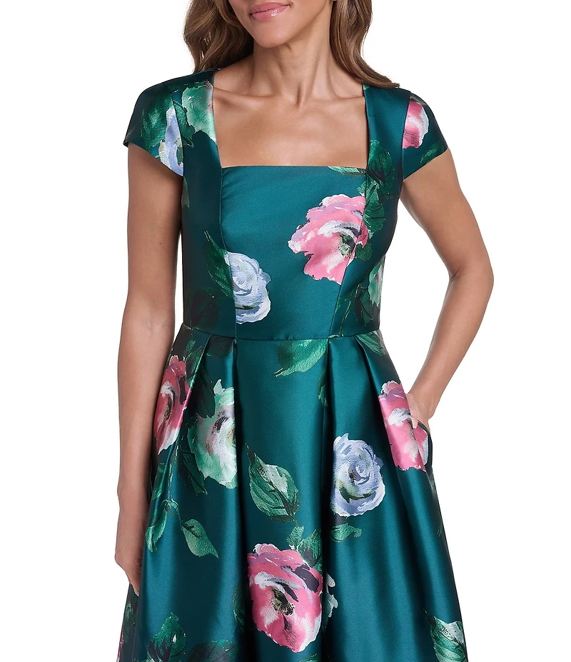 Eliza J Cap Sleeve Square Neck Midi Floral Print Dress