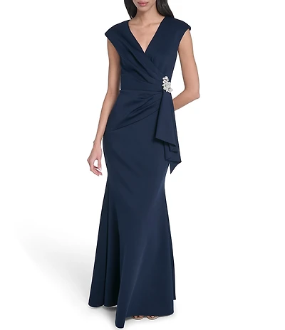 Eliza J Cap Sleeve V-Neck Front Drape Gown