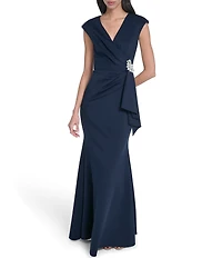 Eliza J Cap Sleeve V-Neck Front Drape Gown