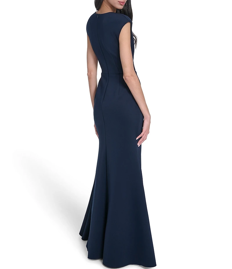Eliza J Cap Sleeve V-Neck Front Drape Gown