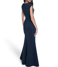 Eliza J Cap Sleeve V-Neck Front Drape Gown
