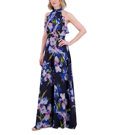Eliza J Chiffon Floral Print Halter Neck Sleeveless Ruffle Maxi Dress