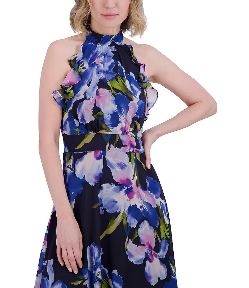 Eliza J Chiffon Floral Print Halter Neck Sleeveless Ruffle Maxi Dress