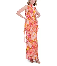 Eliza J Chiffon Floral Print Halter Neck Sleeveless Ruffle Sheath Maxi Dress