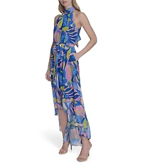 Eliza J Chiffon Floral Print Halter Neck Sleeveless Waist Tie Blouson Midi Dress