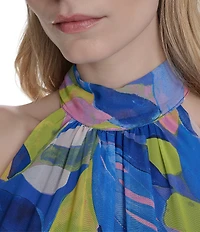 Eliza J Chiffon Floral Print Halter Neck Sleeveless Waist Tie Blouson Midi Dress