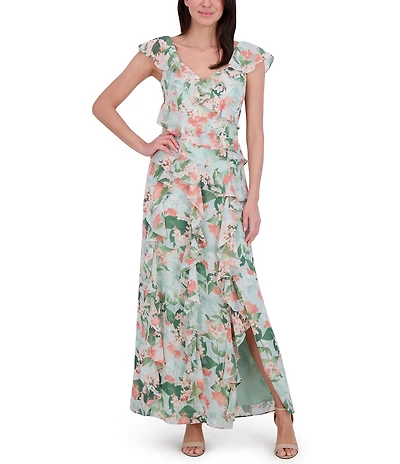 Eliza J Chiffon Floral Print V Neck Cap Sleeve Ruffle Fit and Flare Gown
