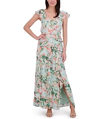 Eliza J Chiffon Floral Print V Neck Cap Sleeve Ruffle Fit and Flare Gown
