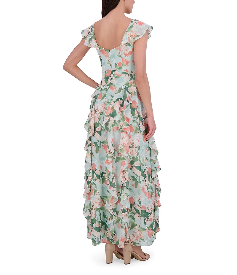 Eliza J Chiffon Floral Print V Neck Cap Sleeve Ruffle Fit and Flare Gown