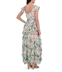 Eliza J Chiffon Floral Print V Neck Cap Sleeve Ruffle Fit and Flare Gown