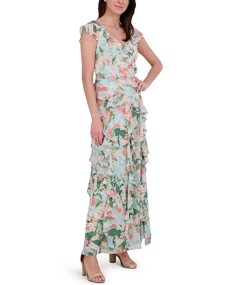 Eliza J Chiffon Floral Print V Neck Cap Sleeve Ruffle Fit and Flare Gown