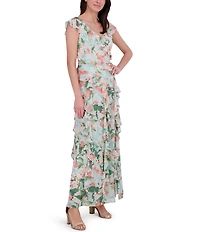 Eliza J Chiffon Floral Print V Neck Cap Sleeve Ruffle Fit and Flare Gown