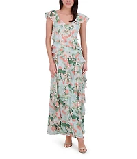 Eliza J Chiffon Floral Print V Neck Cap Sleeve Ruffle Fit and Flare Gown