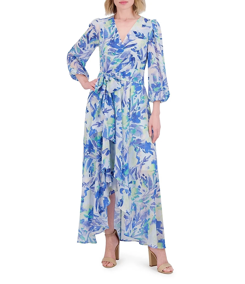 Eliza J Chiffon Floral Print V Neck Long Sleeve Waist Tie Belt A-Line Dress