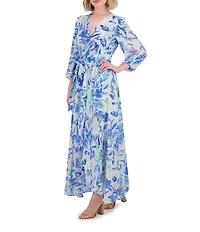 Eliza J Chiffon Floral Print V Neck Long Sleeve Waist Tie Belt A-Line Dress