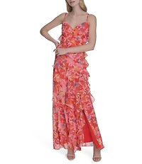 Eliza J Chiffon Floral Print V Neck Sleeveless Ruffle Sheath Maxi Dress