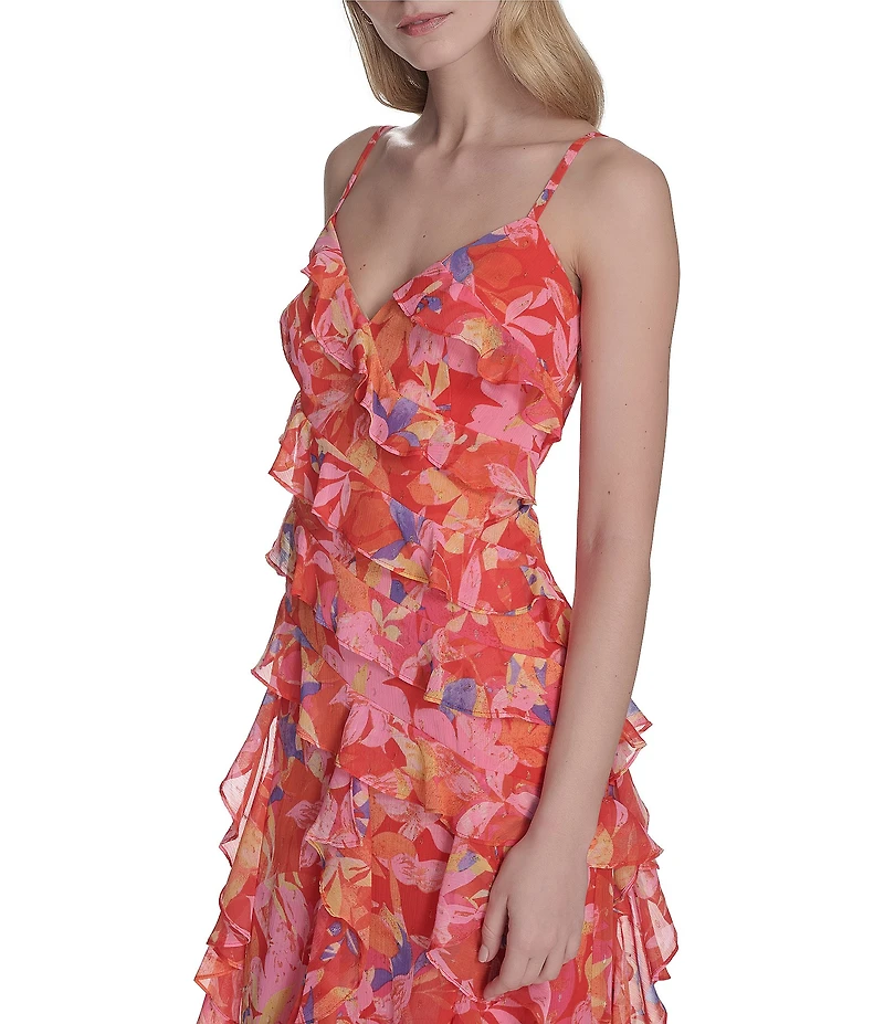 Eliza J Chiffon Floral Print V Neck Sleeveless Ruffle Sheath Maxi Dress