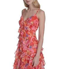Eliza J Chiffon Floral Print V Neck Sleeveless Ruffle Sheath Maxi Dress