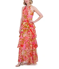 Eliza J Chiffon Floral Swirl Print Halter Neck Sleeveless Ruffle Maxi Dress