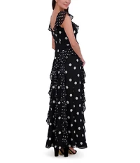 Eliza J Chiffon Polka Dot V Neck Short Sleeve Ruffle Sheath Maxi Dress