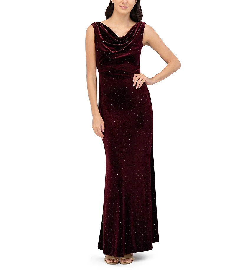 Eliza J Cowl Neck Velvet Embellished Gown