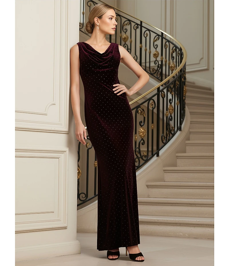 Eliza J Cowl Neck Velvet Embellished Gown