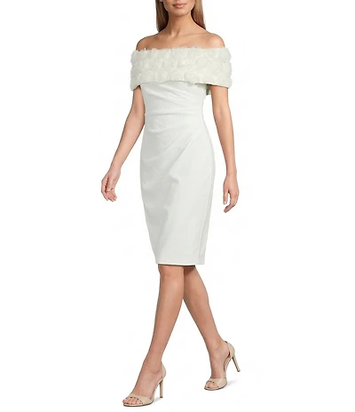 Eliza J Crepe 3D Flower Off-The-Shoulder Side Rouching Bodycon Midi Dress