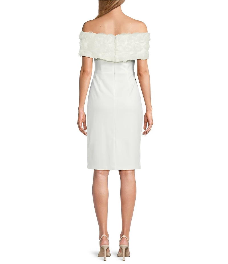 Eliza J Crepe 3D Flower Off-The-Shoulder Side Rouching Bodycon Midi Dress