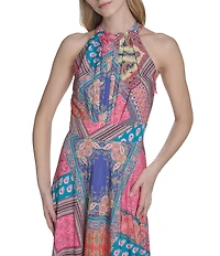 Eliza J Crepe Scarf Print Halter Neck Sleeveless Sheath Maxi Dress