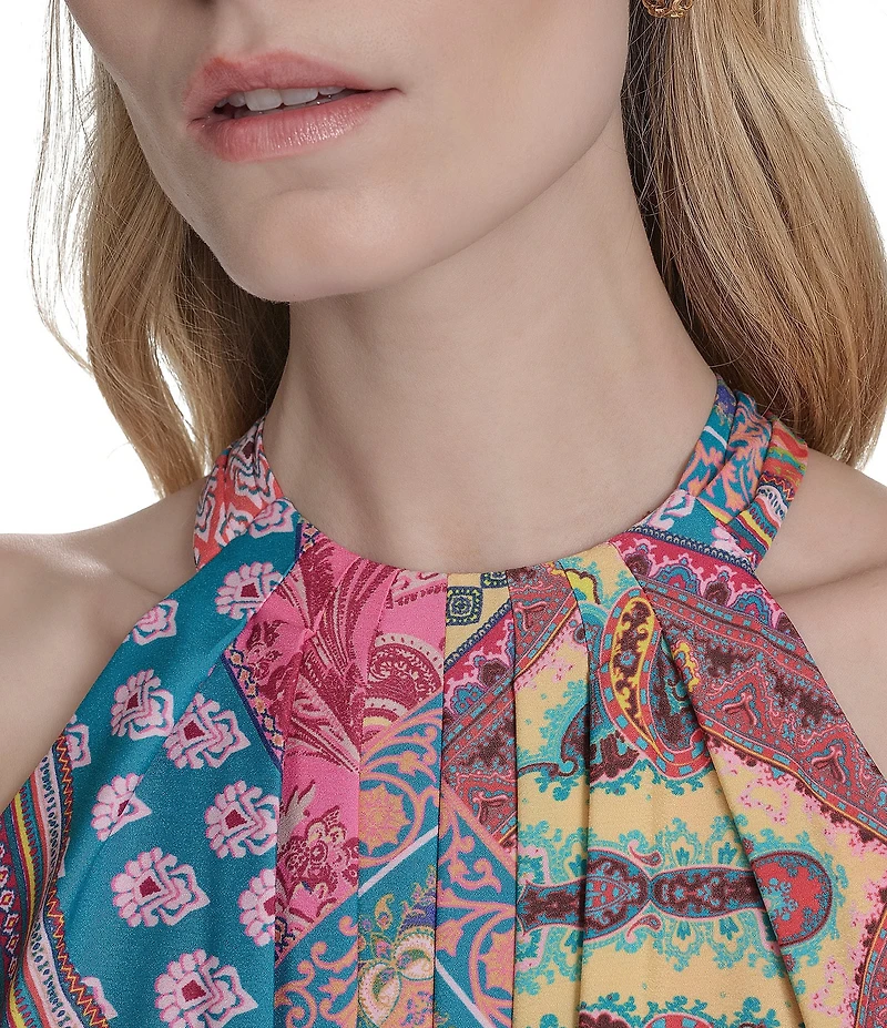 Eliza J Crepe Scarf Print Halter Neck Sleeveless Sheath Maxi Dress