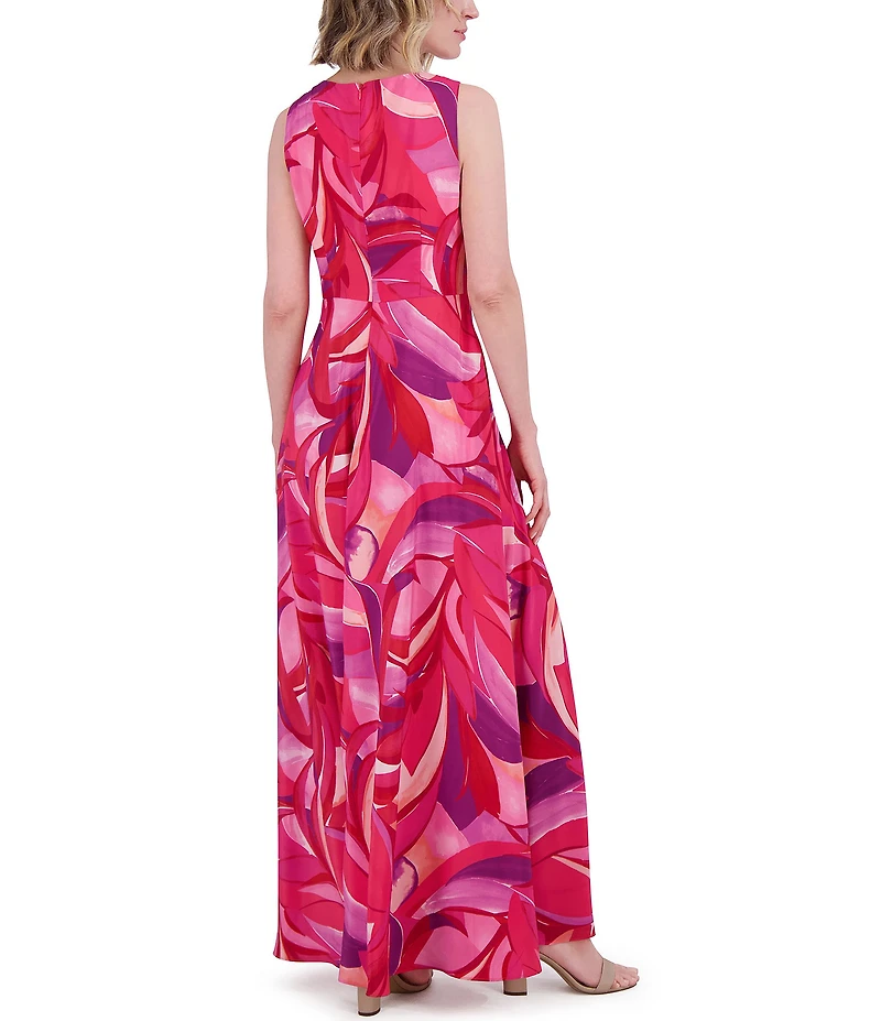Eliza J Crepe Swirl Print V Neck Sleeveless Sheath Maxi Dress
