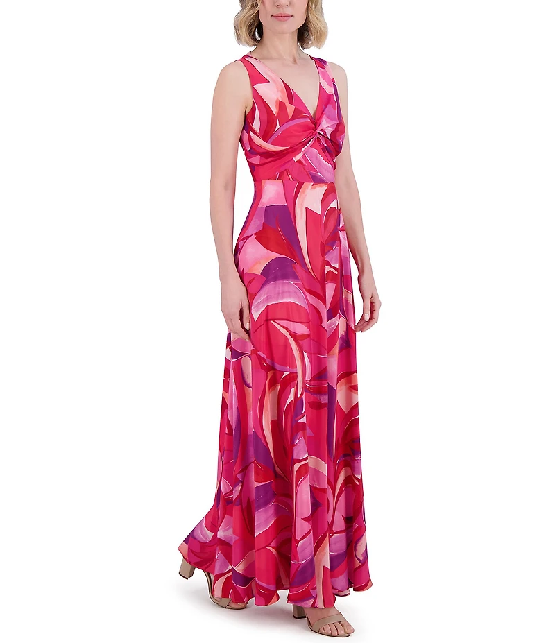 Eliza J Crepe Swirl Print V Neck Sleeveless Sheath Maxi Dress