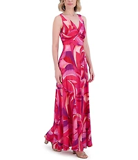Eliza J Crepe Swirl Print V Neck Sleeveless Sheath Maxi Dress