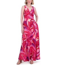 Eliza J Crepe Swirl Print V Neck Sleeveless Sheath Maxi Dress