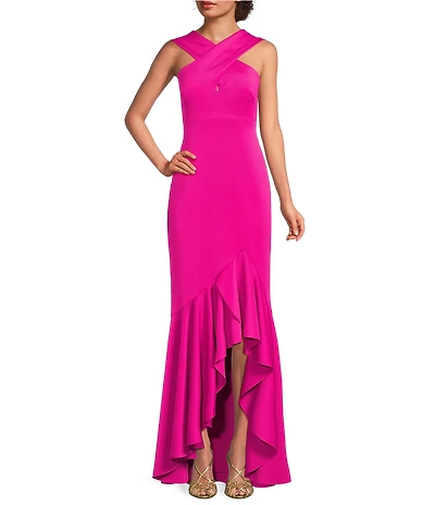 Eliza J Criss Cross Halter Hi Lo Ruffle Front Crepe Dress