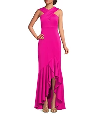 Eliza J Criss Cross Halter Hi Lo Ruffle Front Crepe Dress