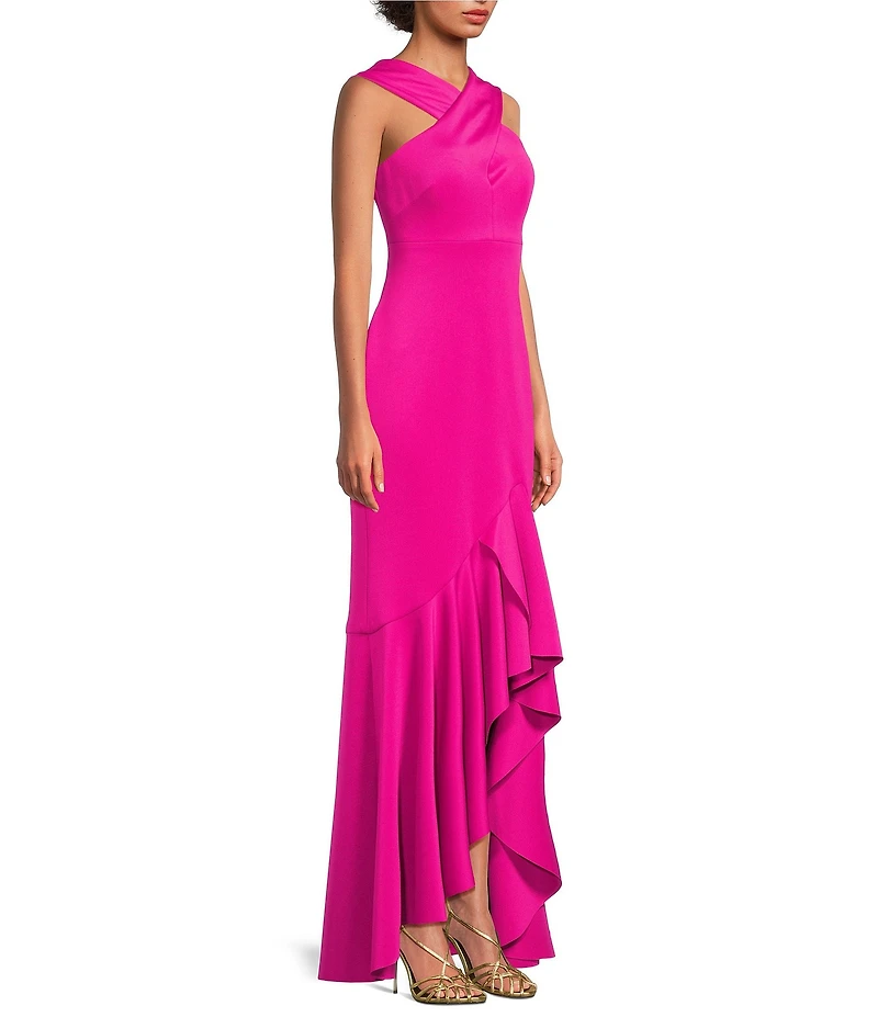 Eliza J Criss Cross Halter Hi Lo Ruffle Front Crepe Dress
