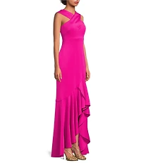 Eliza J Criss Cross Halter Hi Lo Ruffle Front Crepe Dress