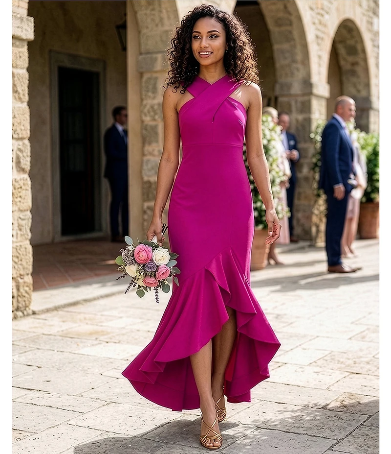 Eliza J Criss Cross Halter Hi Lo Ruffle Front Crepe Dress