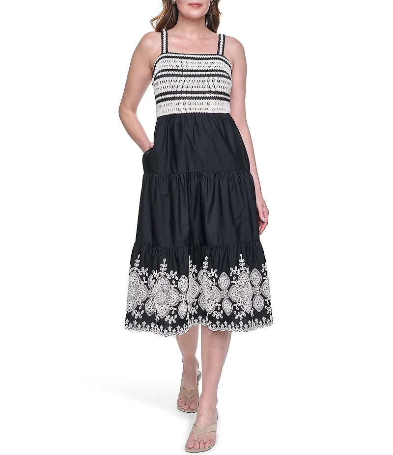Eliza J Crochet Top With Embroidered Skirt Midi Dress
