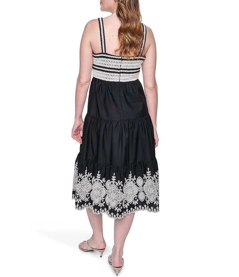 Eliza J Crochet Top With Embroidered Skirt Midi Dress