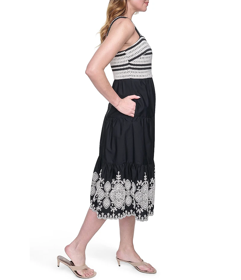 Eliza J Crochet Top With Embroidered Skirt Midi Dress