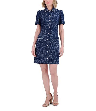 Eliza J Denim Floral Print Point Collar Neck Short Sleeve Rhinestoned Button Front Shirt Mini Dress