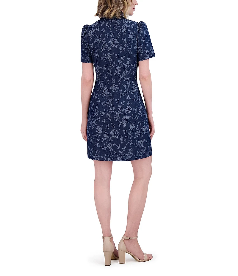Eliza J Denim Floral Print Point Collar Neck Short Sleeve Rhinestoned Button Front Shirt Mini Dress