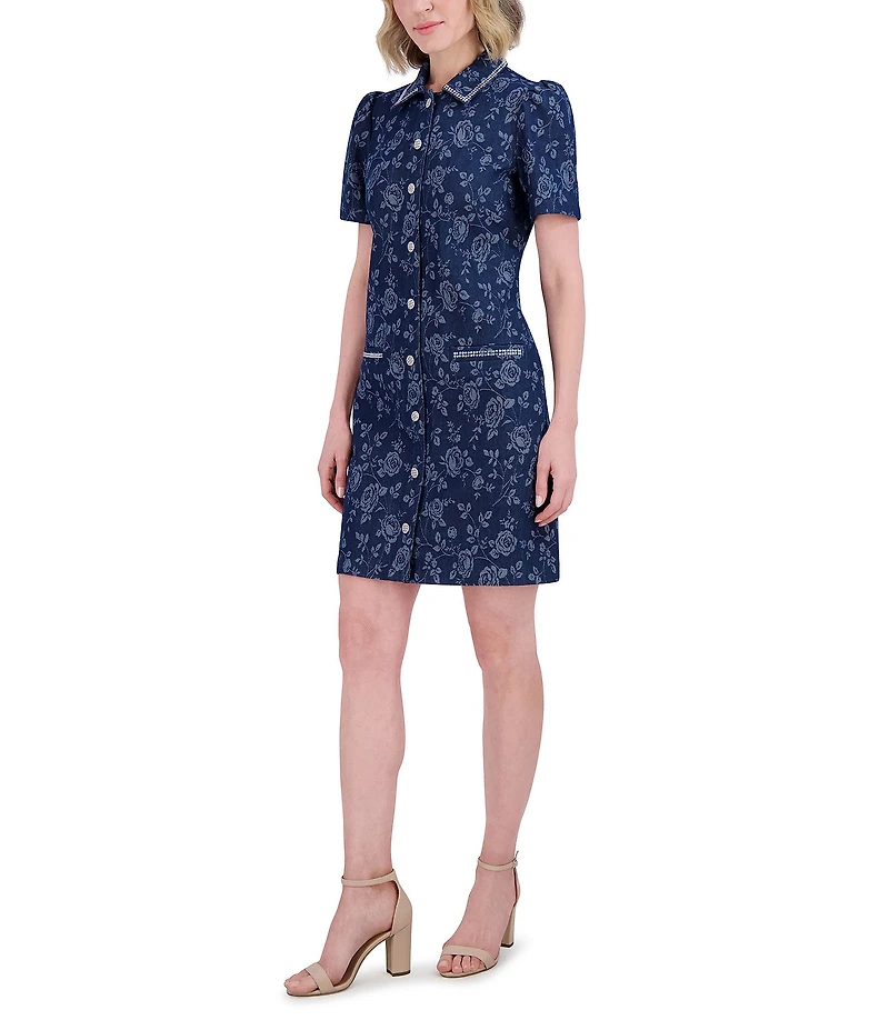 Eliza J Denim Floral Print Point Collar Neck Short Sleeve Rhinestoned Button Front Shirt Mini Dress
